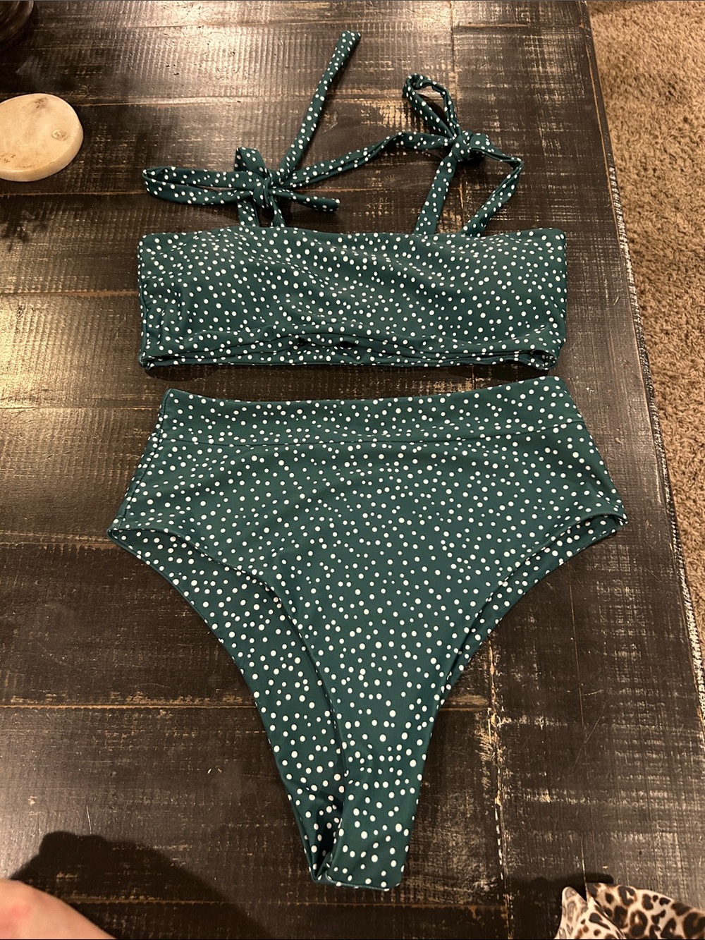 SHEIN Teal White Polka Dot High-Waist Bikini